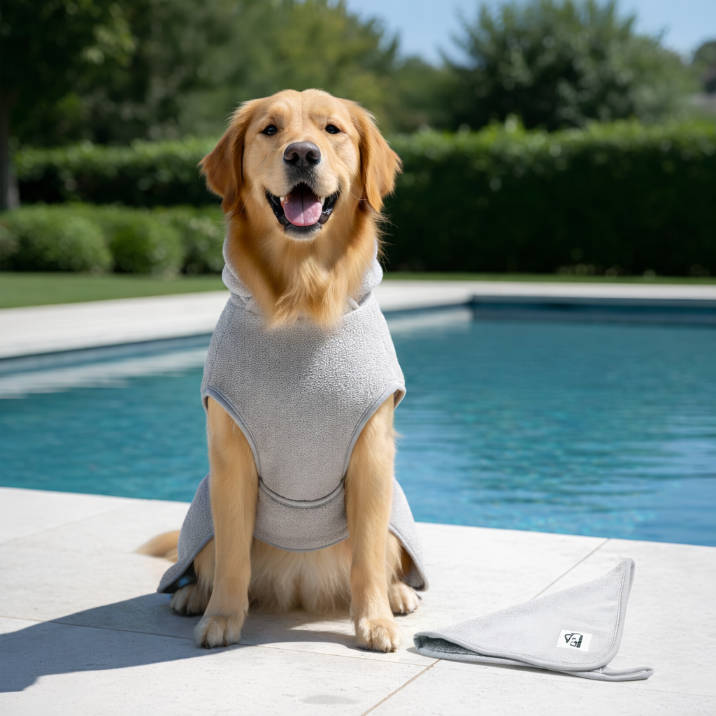 Hund im Bademantel nach dem Bad