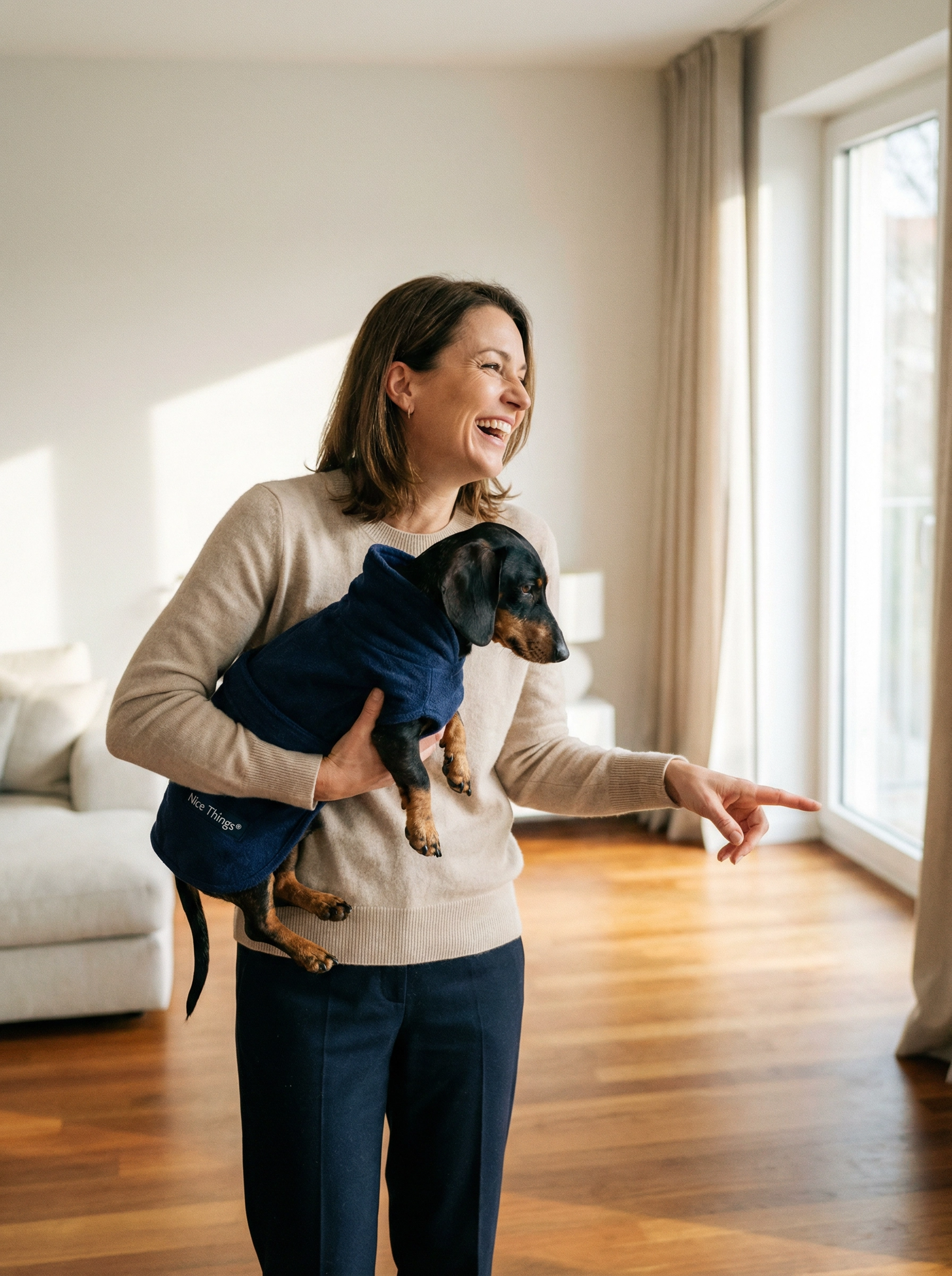 Entspannte Hundebesitzerin mit Hund im Bademantel